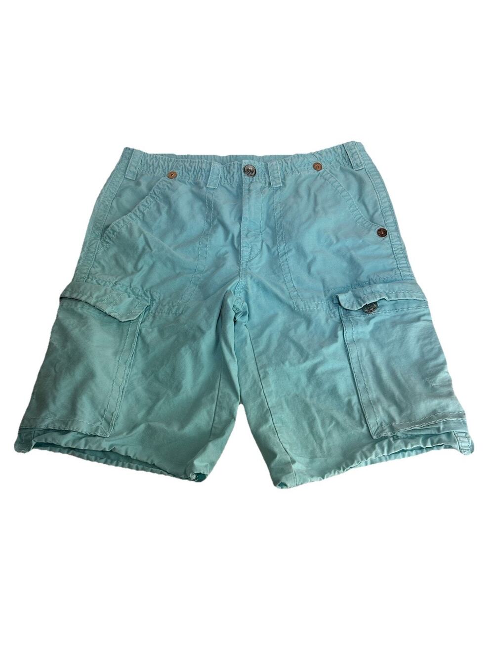 True Religion Men’s 34 Baby Blue Drawstring Cargo Shorts Flat Front Button Logo